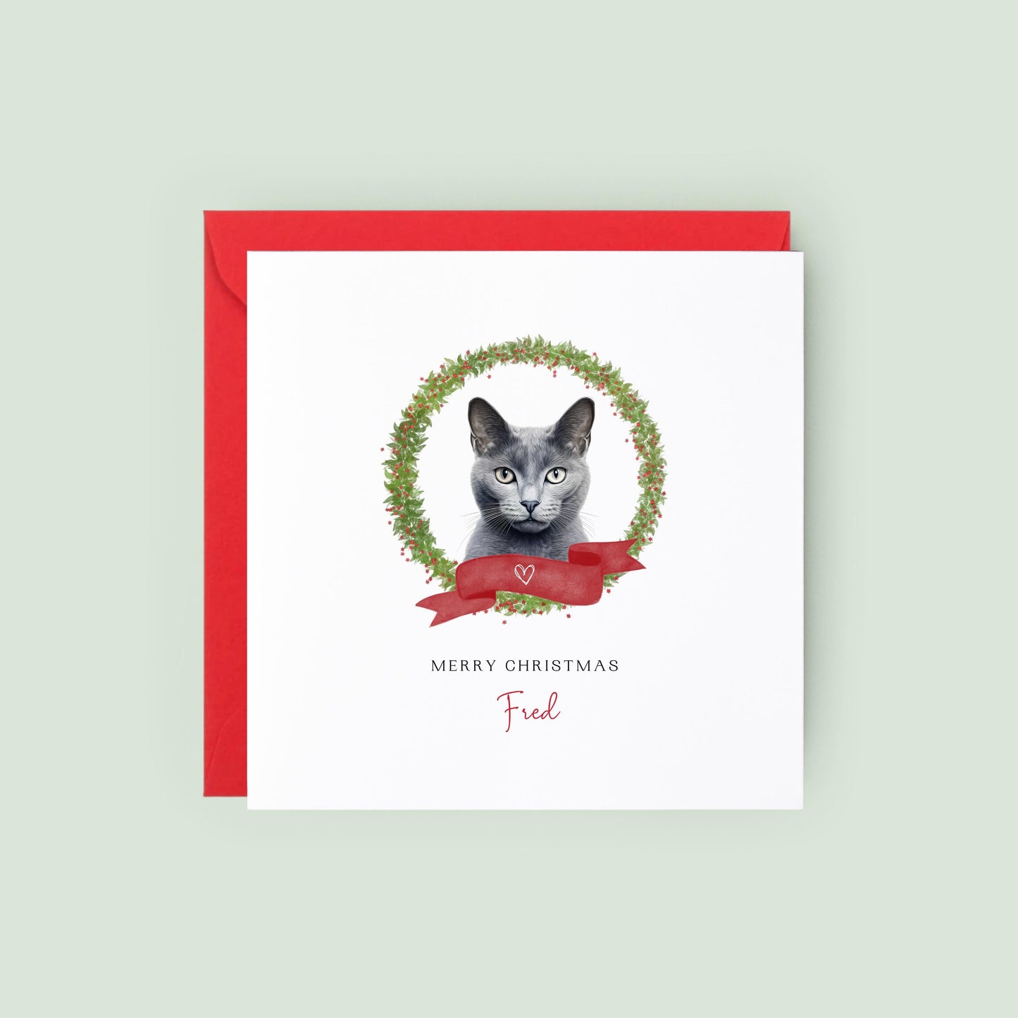 Personalised Russian Blue cat Christmas card with festive wreath design. Ideal holiday card for Cat Mum, Cat Dad, or a cat sitter.