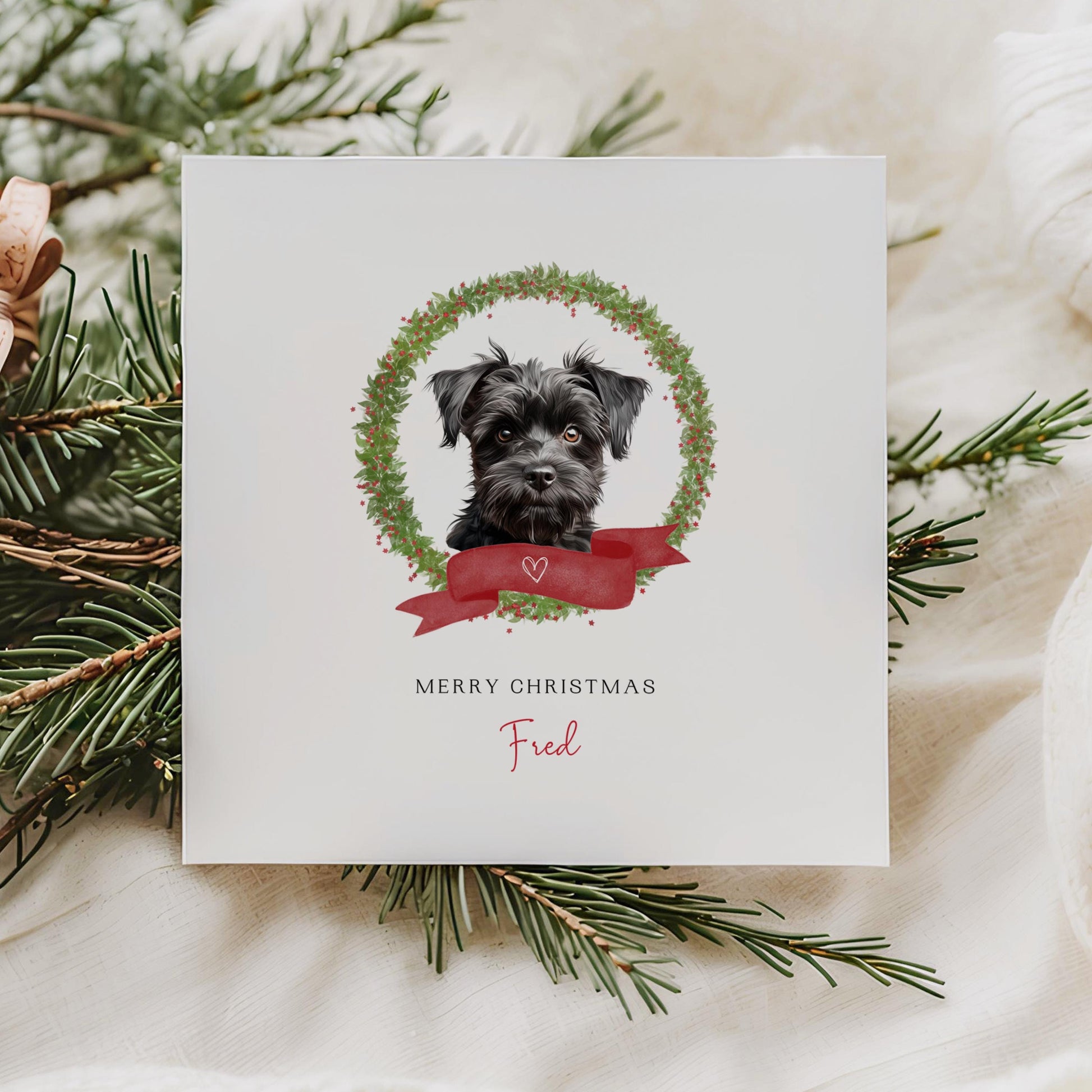 Personalised Affenpinscher dog Christmas card with festive wreath, red ribbon, and custom name—perfect for Dog Mum, Dog Dad, or pet lovers.