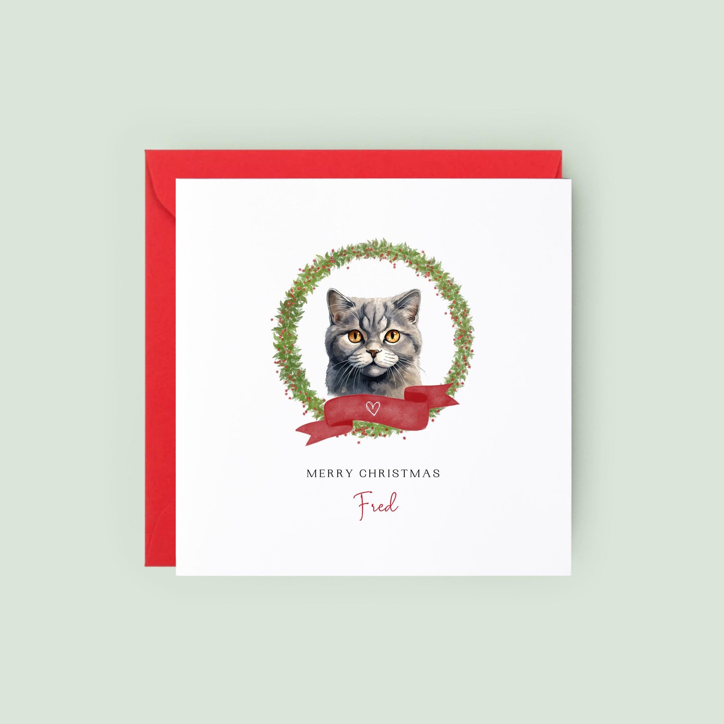 Personalised Scottish Fold cat Christmas card with festive wreath design. Ideal holiday card for Cat Mum, Cat Dad, or a cat sitter.