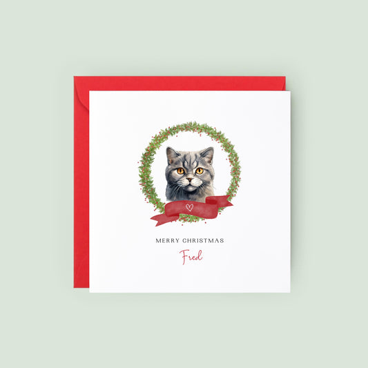 Personalised Scottish Fold cat Christmas card with festive wreath design. Ideal holiday card for Cat Mum, Cat Dad, or a cat sitter.