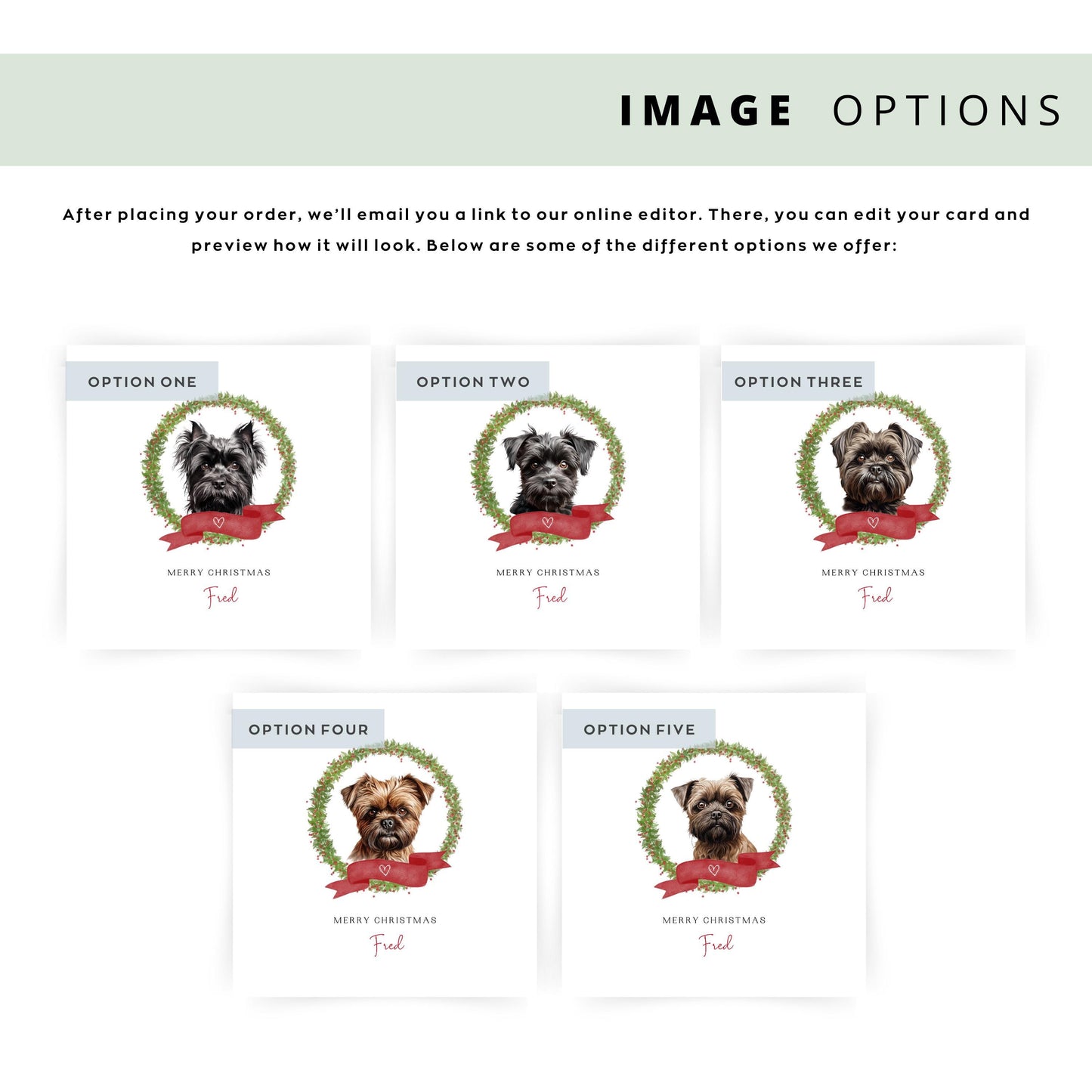 Personalised Affenpinscher dog Christmas card with festive wreath, red ribbon, and custom name—perfect for Dog Mum, Dog Dad, or pet lovers.