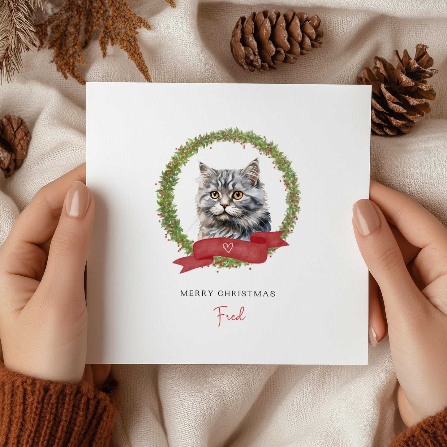 Personalised Selkirk Rex cat Christmas card with festive wreath design. Ideal holiday card for Cat Mum, Cat Dad, or a cat sitter.