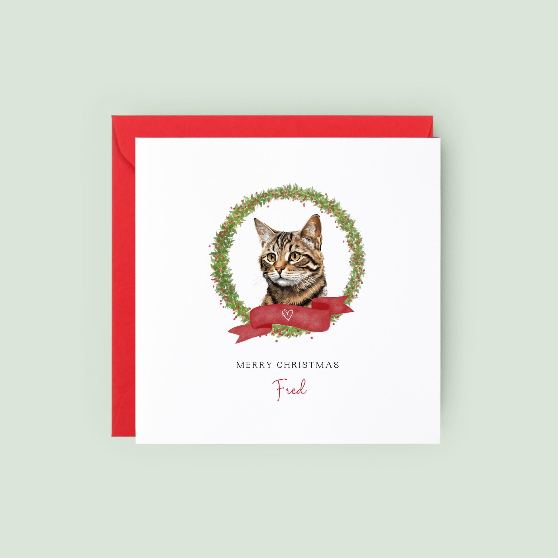 Personalised Serengeti cat Christmas card with festive wreath design. Ideal holiday card for Cat Mum, Cat Dad, or a cat sitter.