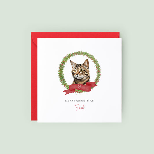Personalised Serengeti cat Christmas card with festive wreath design. Ideal holiday card for Cat Mum, Cat Dad, or a cat sitter.