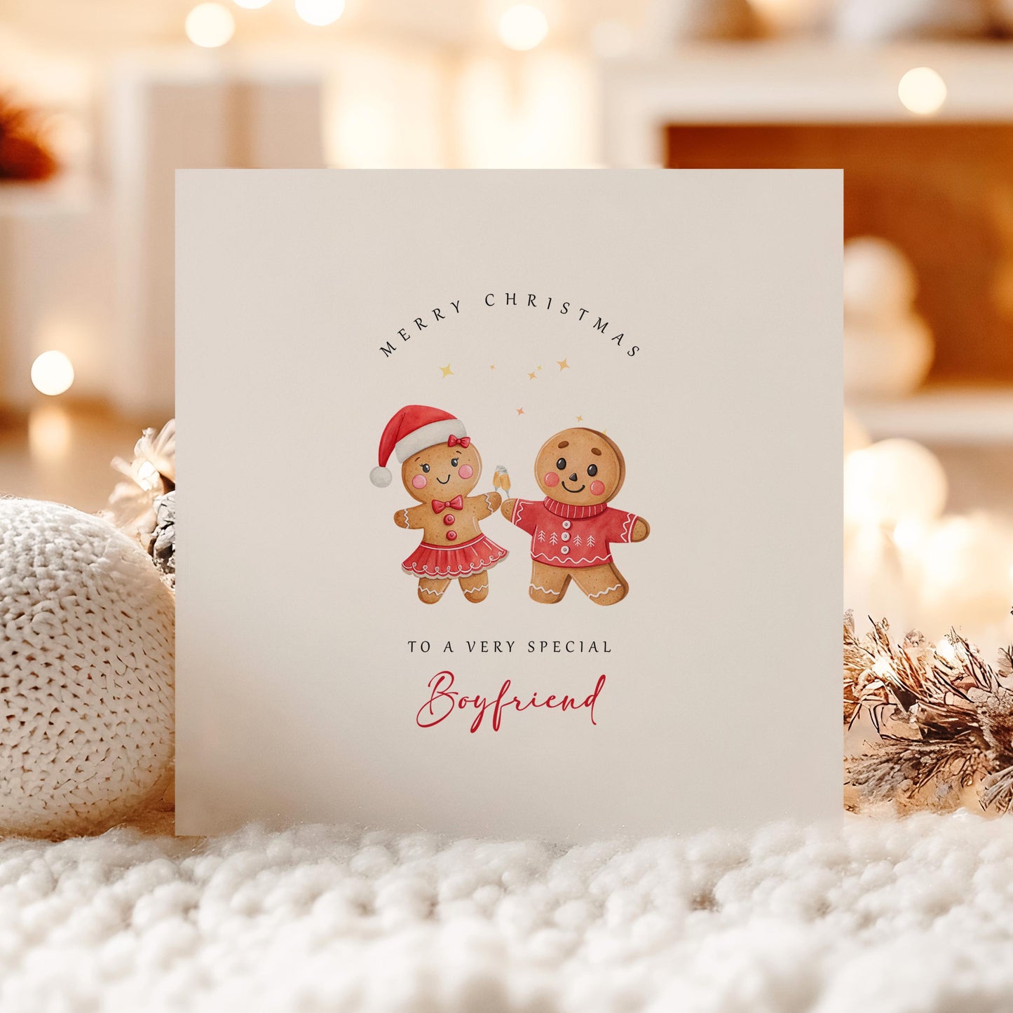Cute gingerbread couple Christmas card for a boyfriend featuring festive gingerbread characters and the wording "To a Very Special Boyfriend."