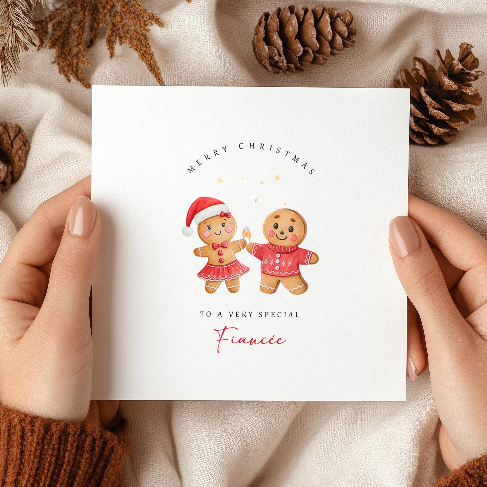 Christmas card with gingerbread couple and the message “Merry Christmas to a Very Special Fiancée” – romantic festive card from fiancé.