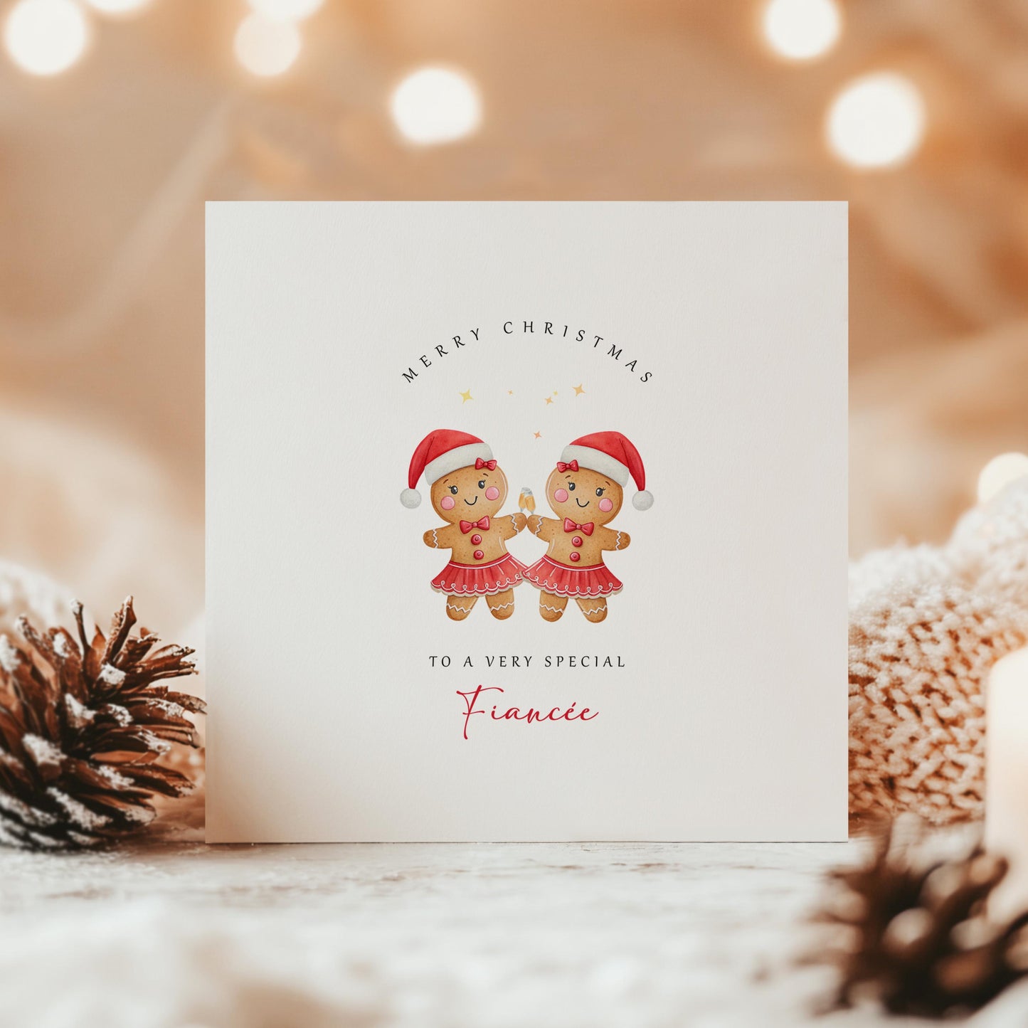 Christmas card with two female gingerbread characters and the message “Merry Christmas to a Very Special Fiancée” – festive card for lesbian couples.