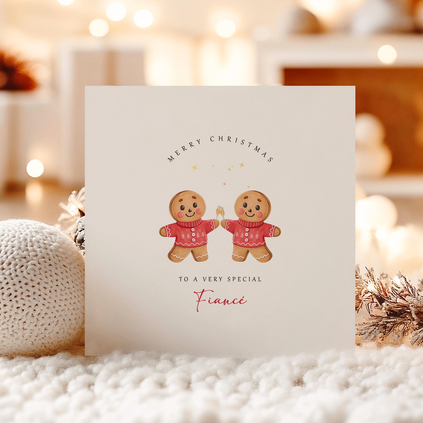 Christmas card with two male gingerbread figures and the message “Merry Christmas to a Very Special Fiancé” – romantic festive card for gay fiancé.