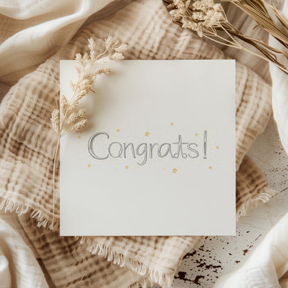Medical graduation card featuring the word “Congrats!” created from surgical instruments with gold star accents. Congratulations card for doctors, surgeons, medical students, nurses and healthcare graduates celebrating qualification and graduation.