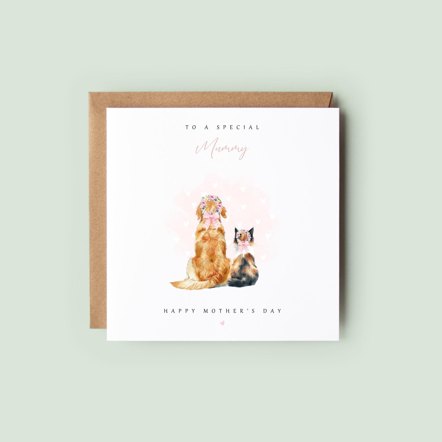 Watercolour Mother’s Day card from the pet, showing a fluffy dog from behind with a flower crown and pink hearts, with the text “To a special Mummy, Happy Mother’s Day” on a neutral background.
