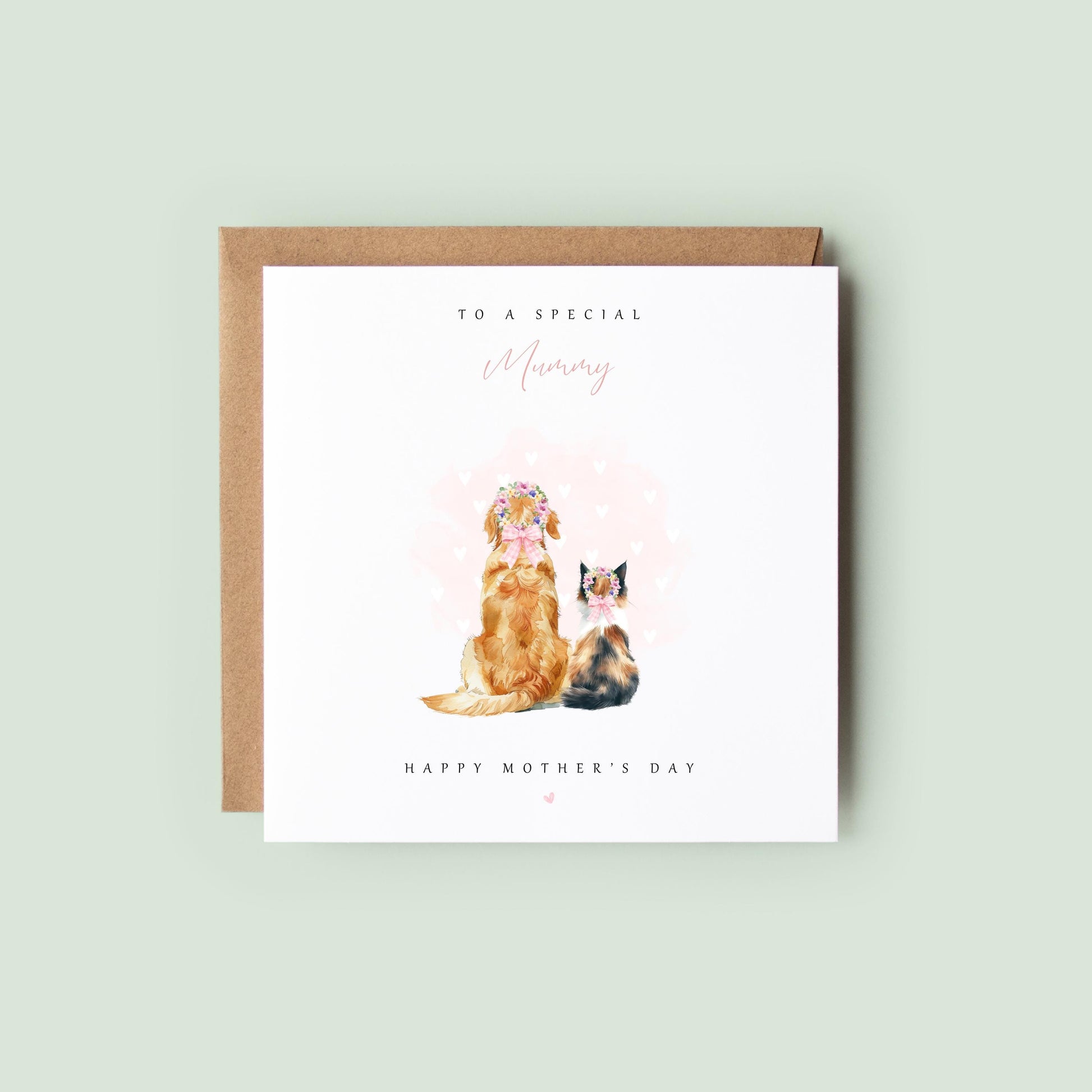 Watercolour Mother’s Day card from the pet, showing a fluffy dog from behind with a flower crown and pink hearts, with the text “To a special Mummy, Happy Mother’s Day” on a neutral background.