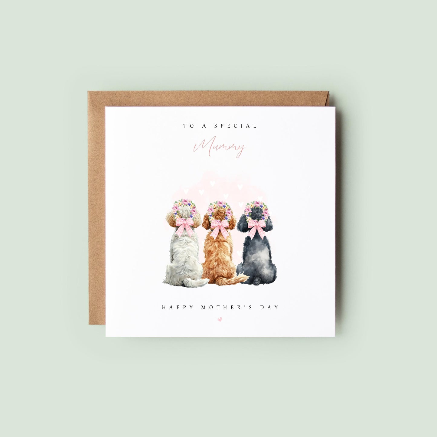 Watercolour Mother’s Day card from the pet, showing a fluffy dog from behind with a flower crown and pink hearts, with the text “To a special Mummy, Happy Mother’s Day” on a neutral background.