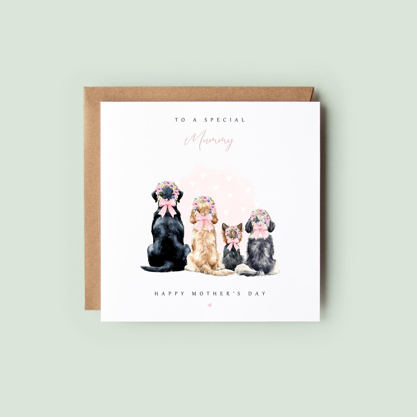 Watercolour Mother’s Day card from the pet, showing a fluffy dog from behind with a flower crown and pink hearts, with the text “To a special Mummy, Happy Mother’s Day” on a neutral background.
