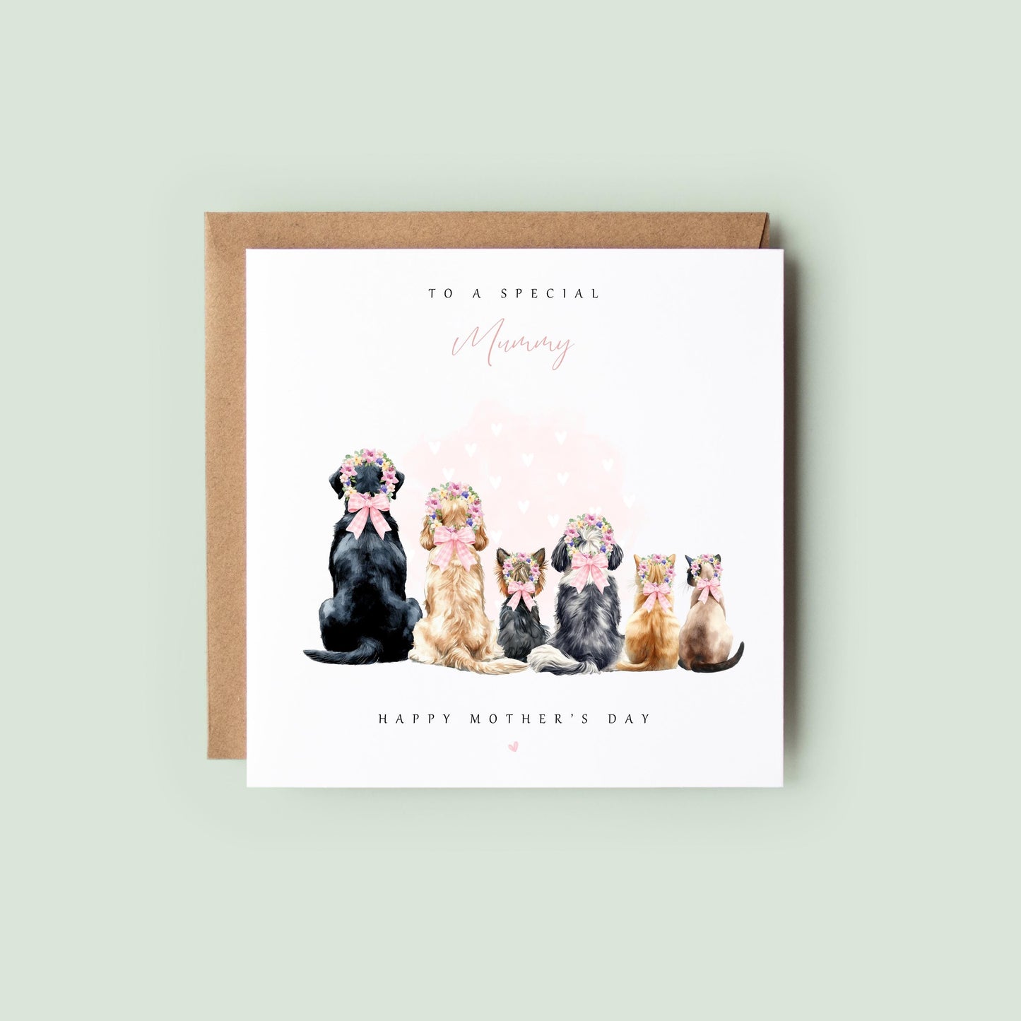 Watercolour Mother’s Day card from the pet, showing a fluffy dog from behind with a flower crown and pink hearts, with the text “To a special Mummy, Happy Mother’s Day” on a neutral background.