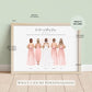 Personalised bridesmaid print showing bride and four bridesmaids from the back in blush pink dresses, holding bouquets, with names and wedding date underneath in a minimalist framed design.