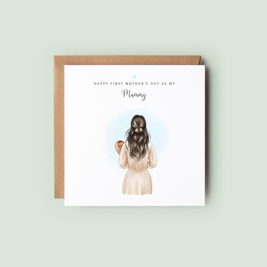 Personalised first Mother’s Day card showing back view of a mum holding her baby against a soft pink background with the text “Happy First Mother’s Day as My Mummy”, custom hair, skin, dress and baby blanket.