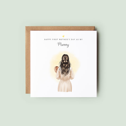 Personalised first Mother’s Day card showing back view of a mum holding her baby against a soft pink background with the text “Happy First Mother’s Day as My Mummy”, custom hair, skin, dress and baby blanket.