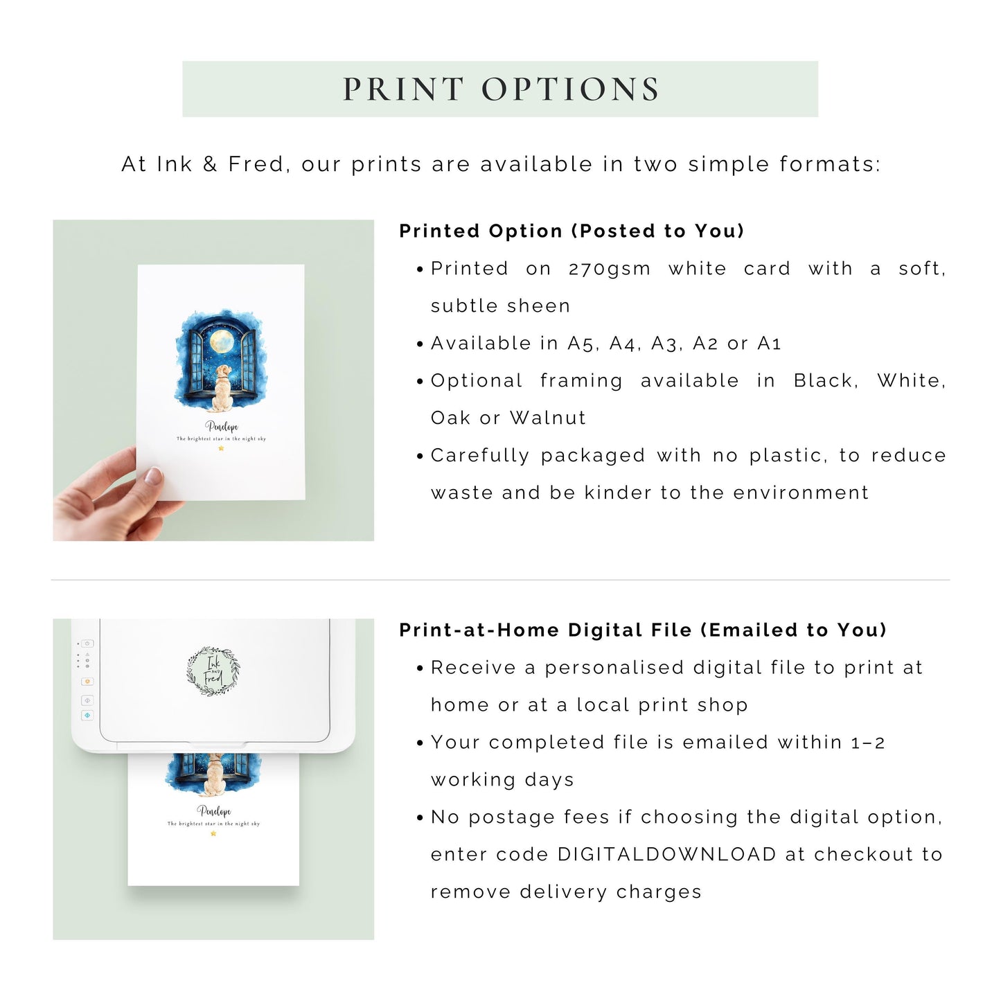 Personalised dog memorial print showing a dog looking out of an open window at the moon and stars with the quote “The brightest star in the night sky” and the pet’s name beneath.