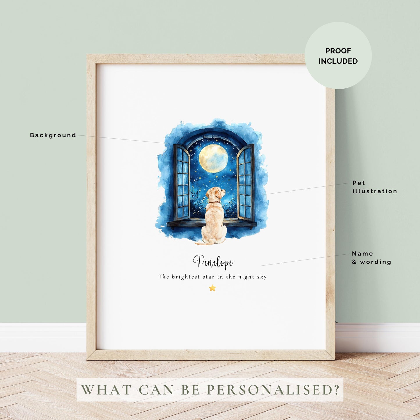 Personalised dog memorial print showing a dog looking out of an open window at the moon and stars with the quote “The brightest star in the night sky” and the pet’s name beneath.