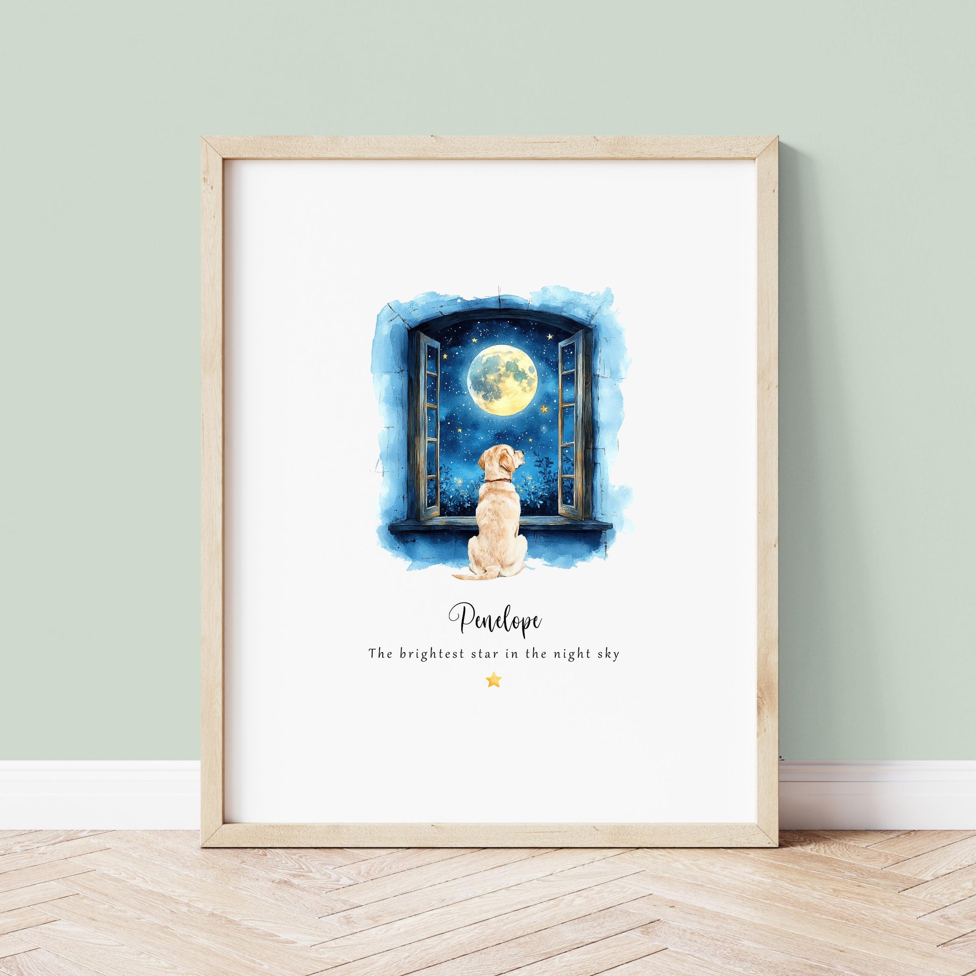 Personalised dog memorial print showing a dog looking out of an open window at the moon and stars with the quote “The brightest star in the night sky” and the pet’s name beneath.