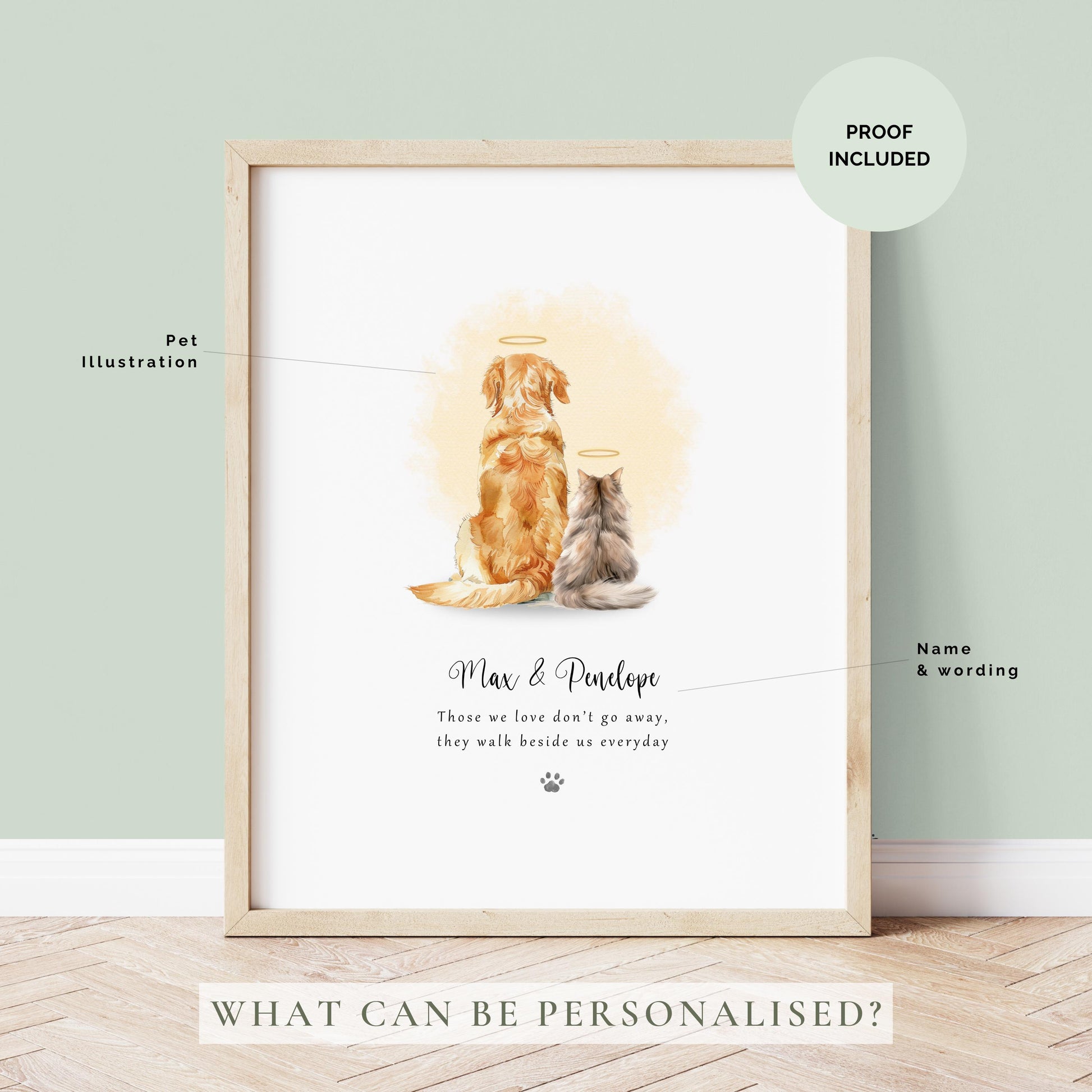 Personalised dog and cat memorial print showing two pets with halos on a soft yellow watercolour background, with their names and a remembrance quote beneath, modern Rainbow Bridge pet loss wall art.