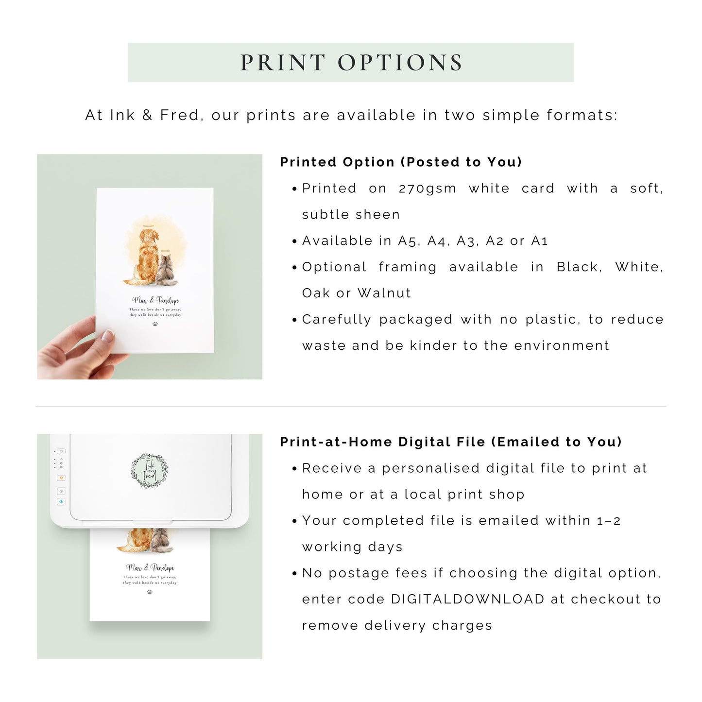 Personalised dog and cat memorial print showing two pets with halos on a soft yellow watercolour background, with their names and a remembrance quote beneath, modern Rainbow Bridge pet loss wall art.