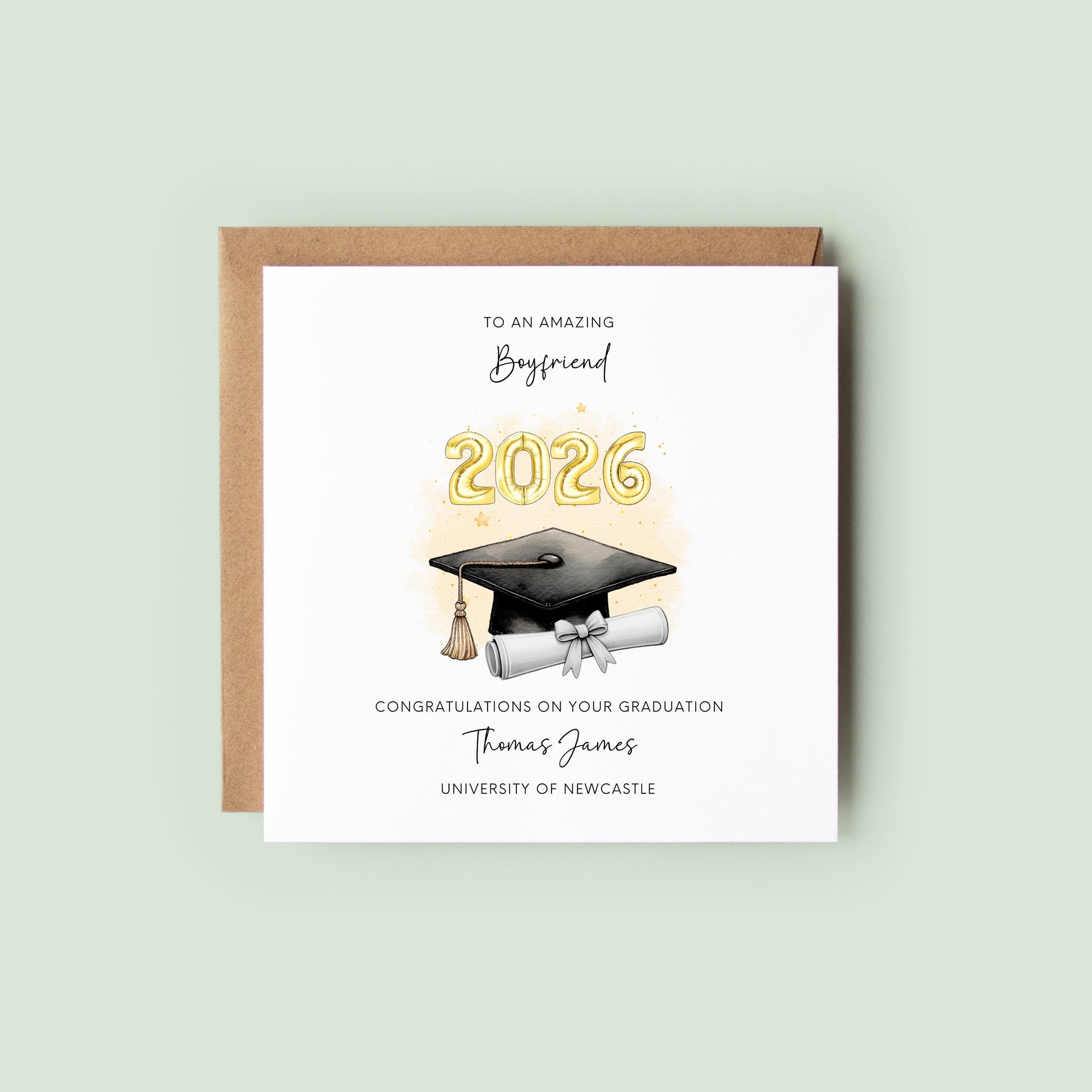 Personalised Boyfriend graduation card featuring graduation cap, diploma scroll and custom graduation year. Personalised with graduate’s name, university and special message. Keepsake congratulations card for boyfriend graduation.