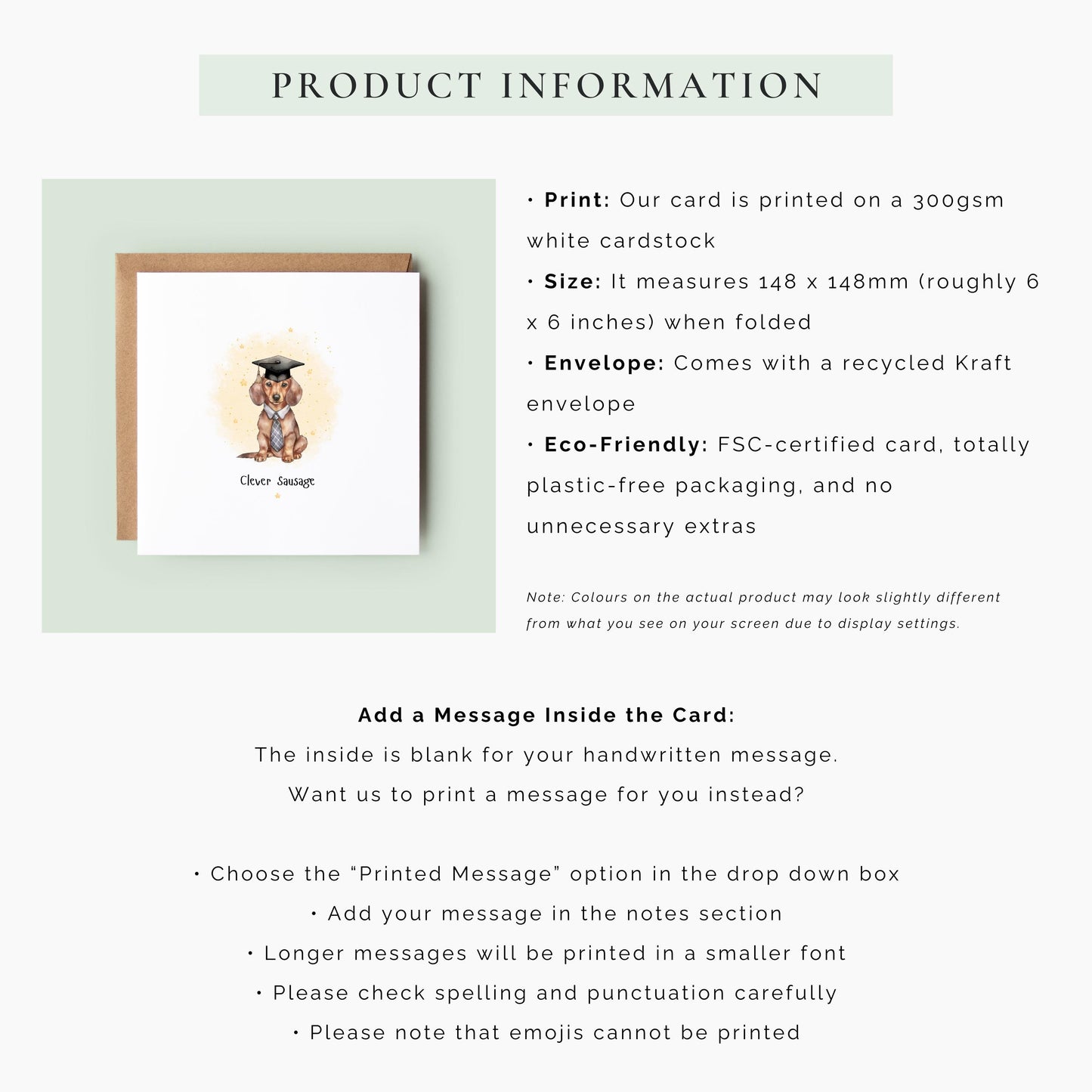 Funny dachshund graduation card featuring a sausage dog wearing a graduation cap and tie with the wording “Clever Sausage”. Humorous graduation congratulations card for dog lovers, university graduates and dachshund owners.