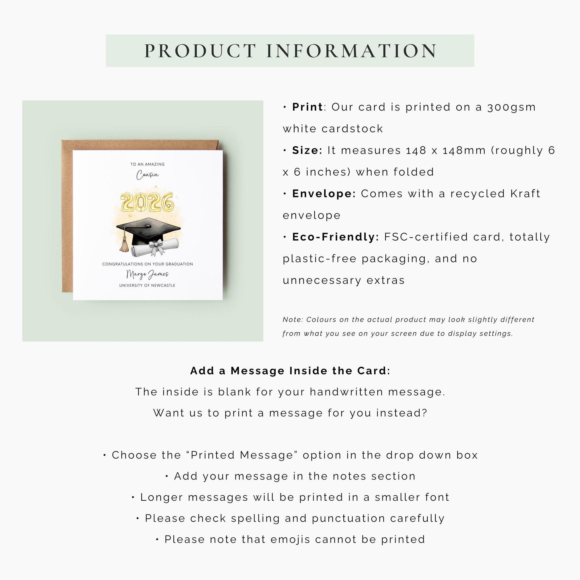 Personalised cousin graduation card featuring a graduation cap, diploma scroll and gold 2026 balloons. Custom graduation card with cousin title, graduate name, university and congratulatory message for university or college graduates.
