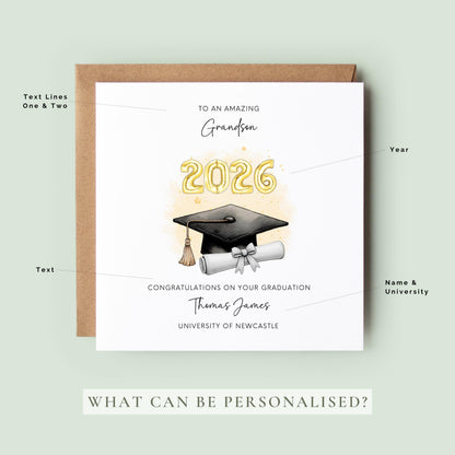 Personalised grandson graduation card featuring gold 2026 balloons, graduation cap and diploma scroll. Custom university graduation card with grandson title, graduate name, university details and congratulations message.