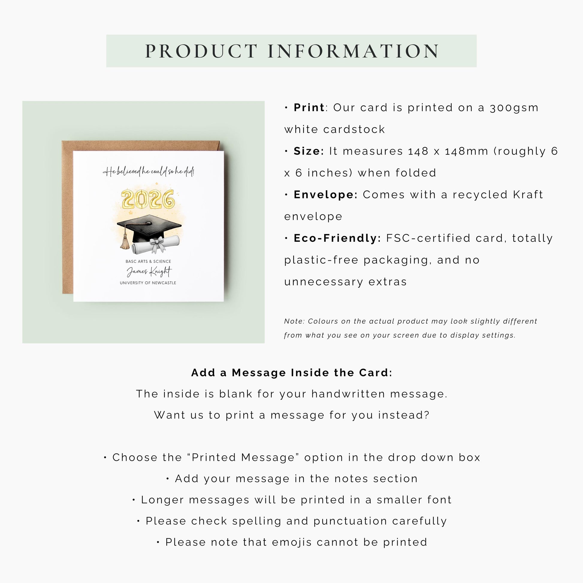 Personalised graduation card for him featuring gold 2026 balloons, graduation cap and diploma scroll. Custom graduate card with degree title, graduate name, university and motivational graduation quote.
