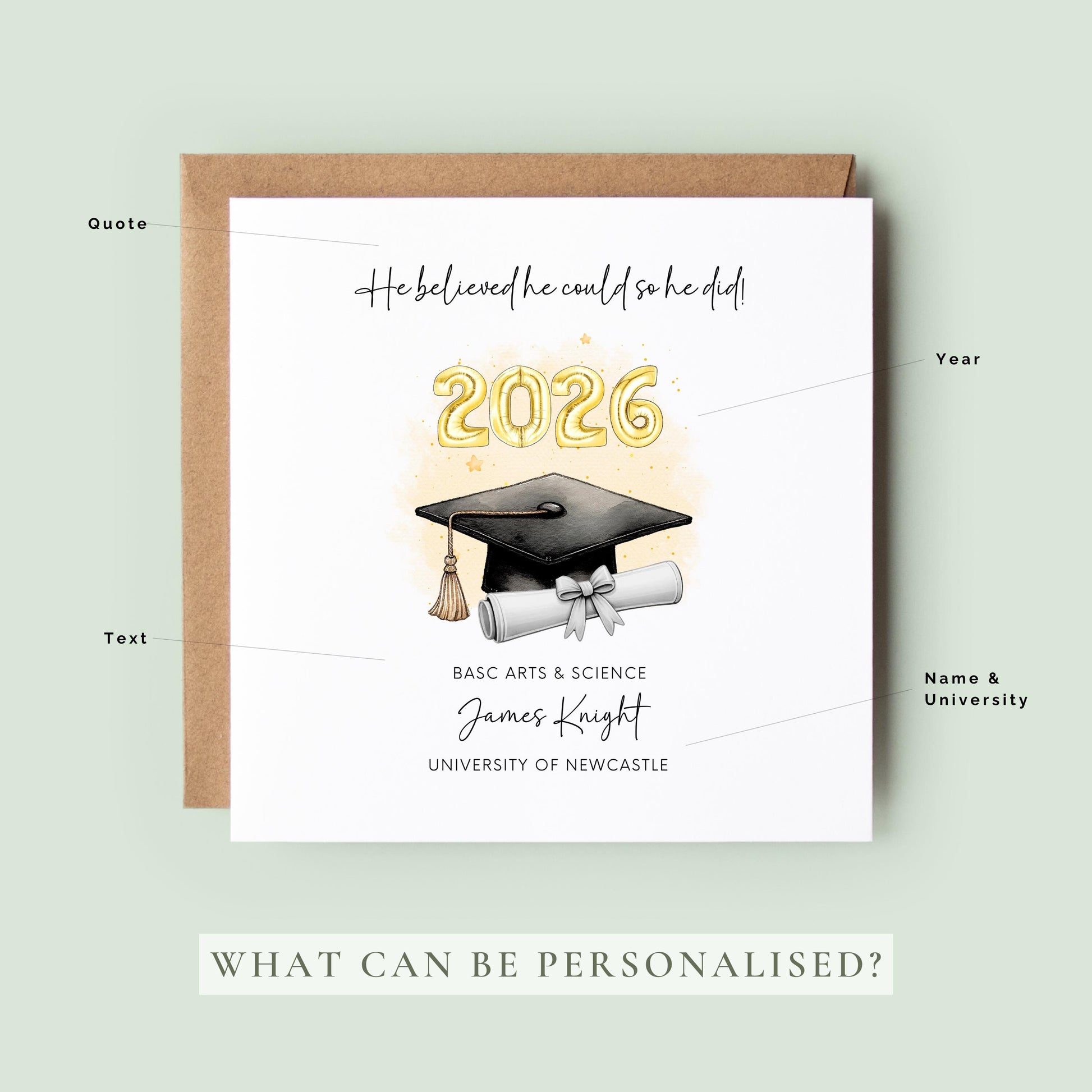 Personalised graduation card for him featuring gold 2026 balloons, graduation cap and diploma scroll. Custom graduate card with degree title, graduate name, university and motivational graduation quote.