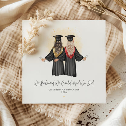 Personalised best friend graduation card featuring two graduates in caps and gowns holding diplomas. Customisable hair, skin tone, sash colours, university name, graduation year and friendship quote for Class of 2026 graduates.