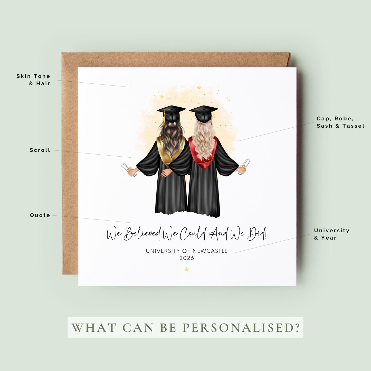 Personalised best friend graduation card featuring two graduates in caps and gowns holding diplomas. Customisable hair, skin tone, sash colours, university name, graduation year and friendship quote for Class of 2026 graduates.