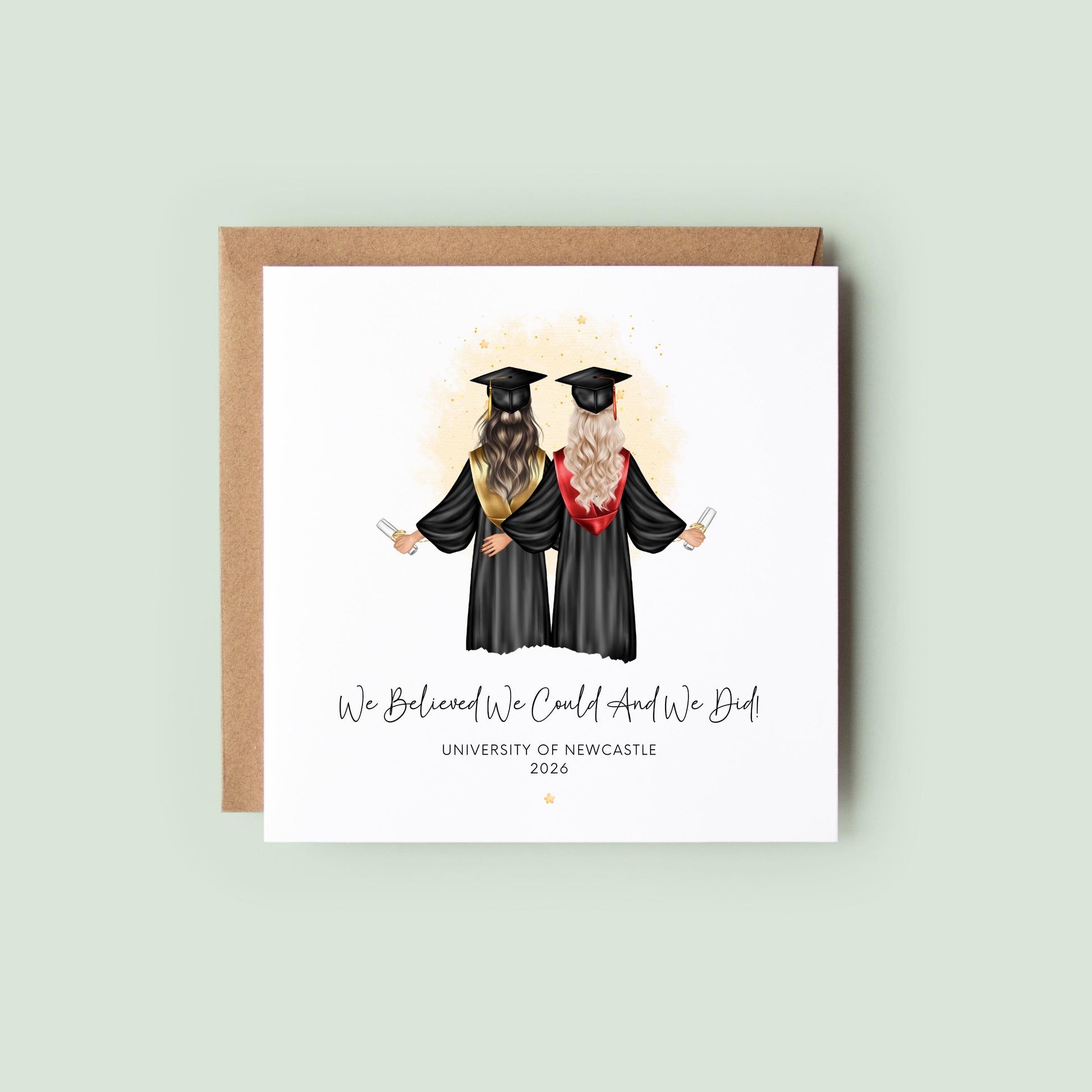Personalised best friend graduation card featuring two graduates in caps and gowns holding diplomas. Customisable hair, skin tone, sash colours, university name, graduation year and friendship quote for Class of 2026 graduates.
