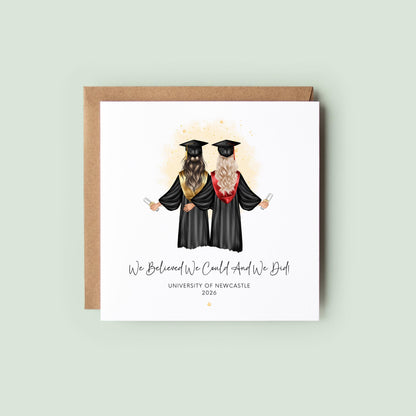 Personalised best friend graduation card featuring two graduates in caps and gowns holding diplomas. Customisable hair, skin tone, sash colours, university name, graduation year and friendship quote for Class of 2026 graduates.