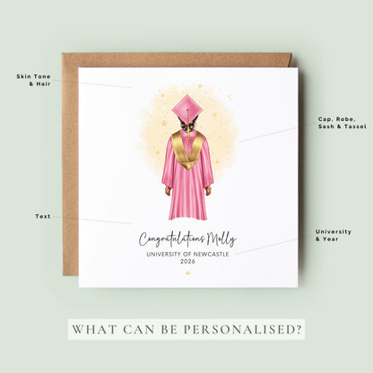 Personalised female graduation card featuring a graduate wearing a pink cap and gown with custom hair, skin tone, university name and graduation year. Personalised congratulations card for Class of 2026 graduates.