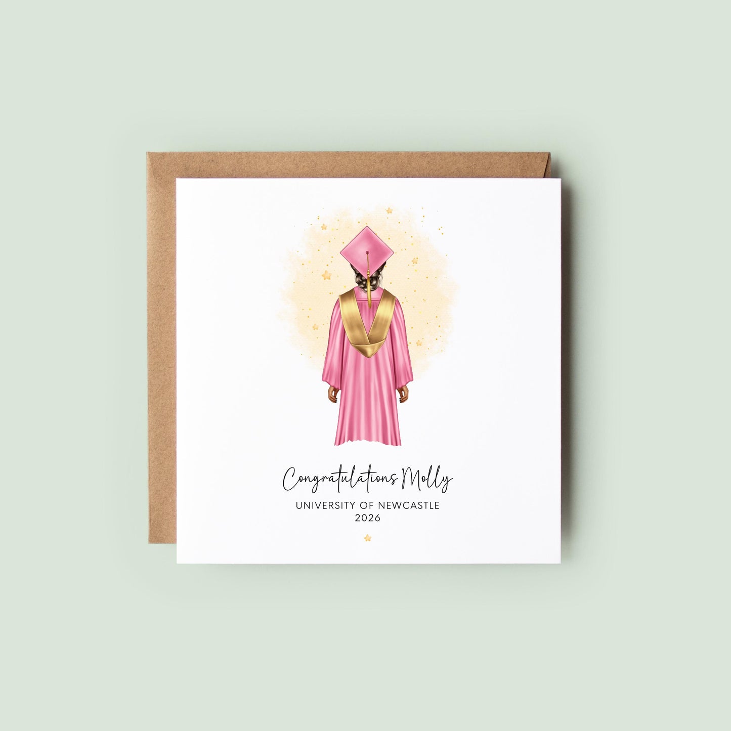 Personalised female graduation card featuring a graduate wearing a pink cap and gown with custom hair, skin tone, university name and graduation year. Personalised congratulations card for Class of 2026 graduates.