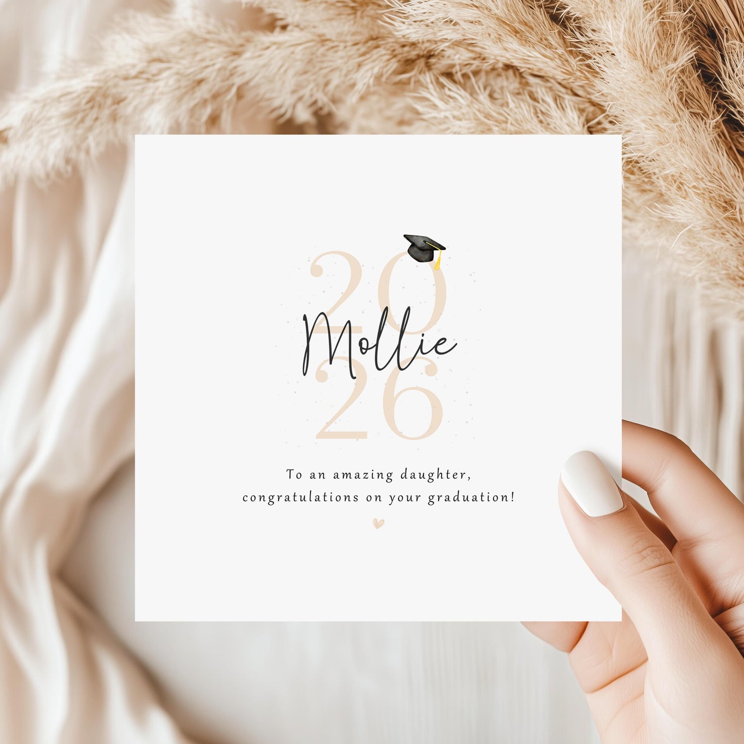Personalised daughter graduation card featuring custom name, graduation year 2026, graduation cap illustration and congratulations message. Elegant graduation keepsake card for celebrating a daughter’s university or college achievement.