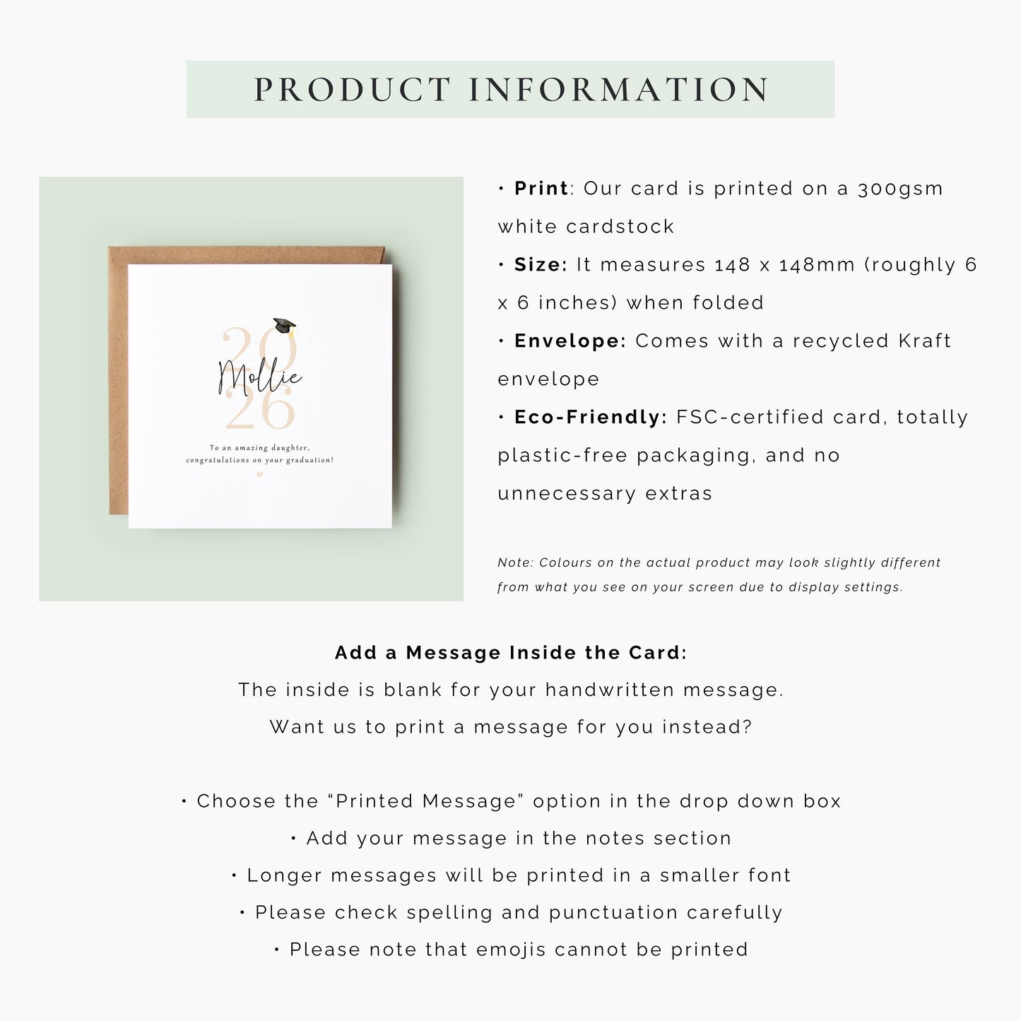 Personalised daughter graduation card featuring custom name, graduation year 2026, graduation cap illustration and congratulations message. Elegant graduation keepsake card for celebrating a daughter’s university or college achievement.