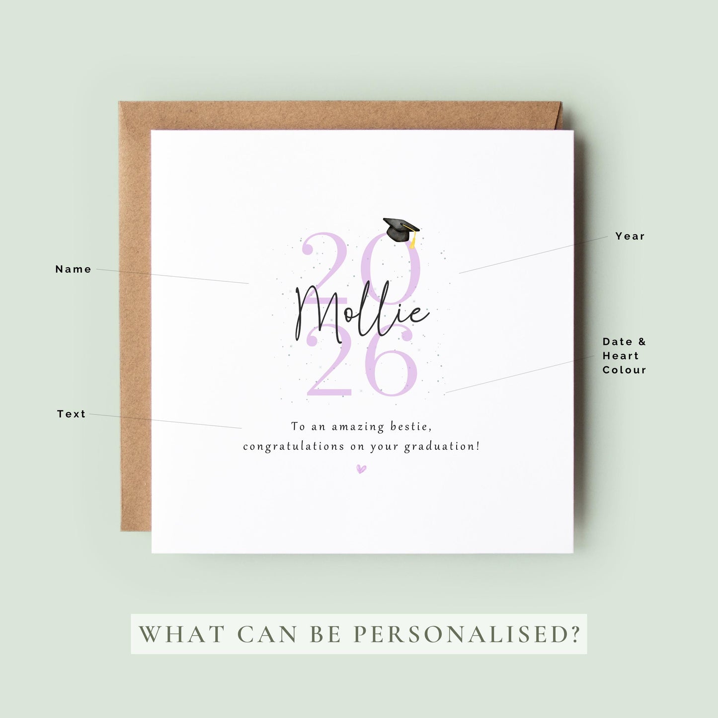 Personalised bestie graduation card featuring custom name, graduation year 2026, graduation cap illustration and congratulations message. Custom graduation keepsake card for celebrating a best friend’s university or college achievement.