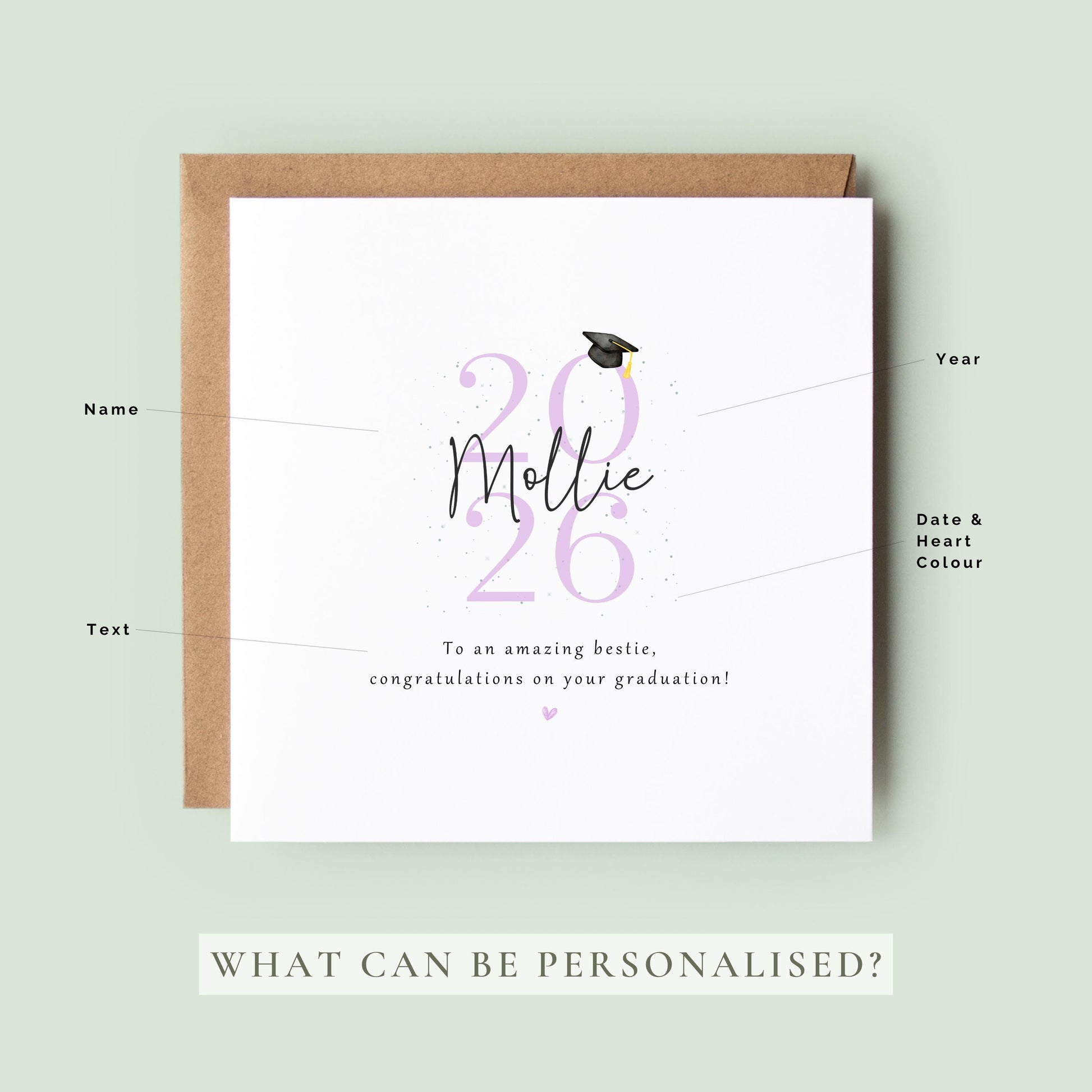 Personalised bestie graduation card featuring custom name, graduation year 2026, graduation cap illustration and congratulations message. Custom graduation keepsake card for celebrating a best friend’s university or college achievement.