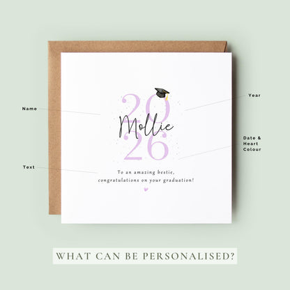 Personalised bestie graduation card featuring custom name, graduation year 2026, graduation cap illustration and congratulations message. Custom graduation keepsake card for celebrating a best friend’s university or college achievement.