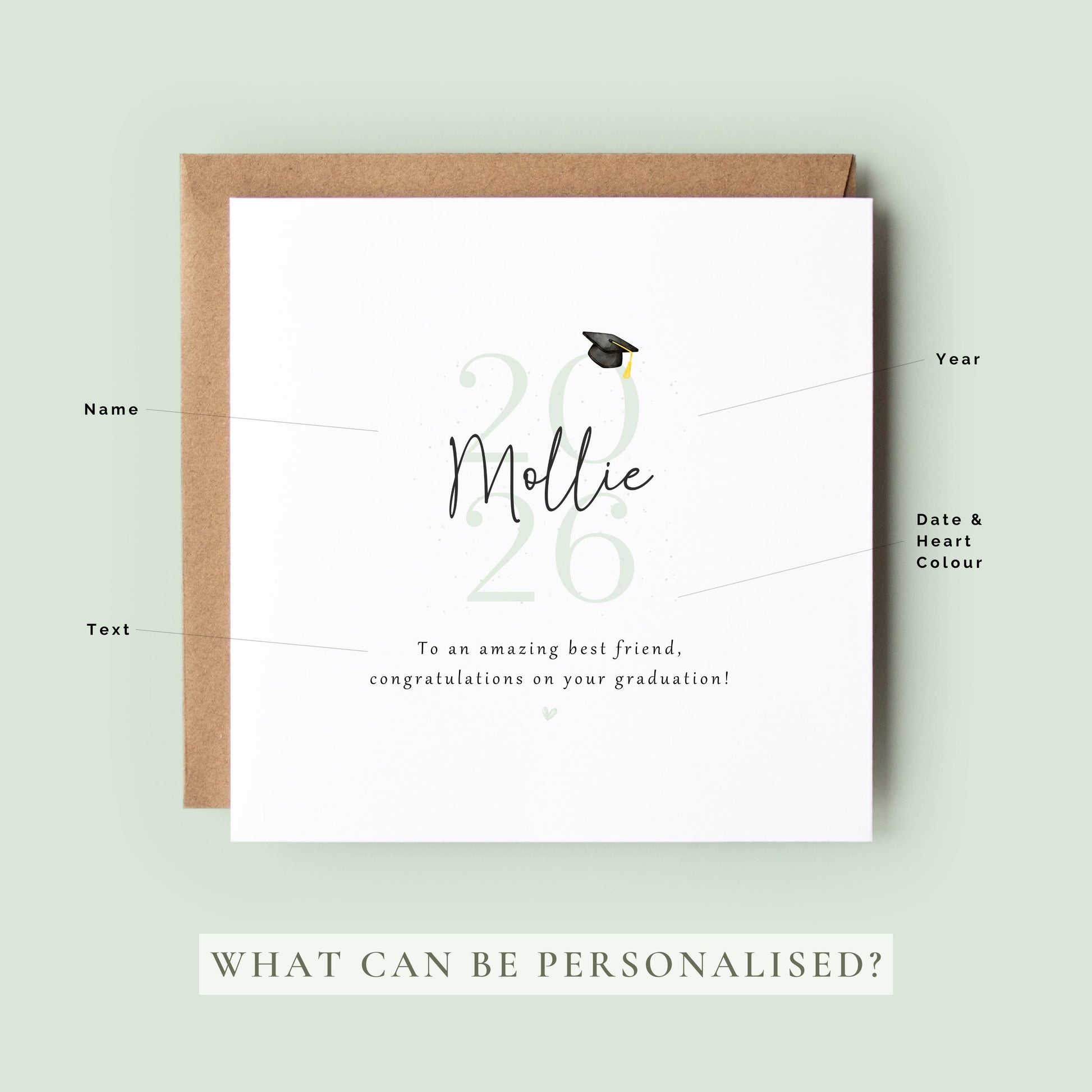 Personalised best friend graduation card featuring custom name, graduation year 2026, graduation cap illustration and congratulations message. Elegant graduation keepsake card for celebrating a best friend’s university or college achievement.