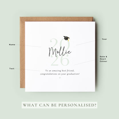 Personalised best friend graduation card featuring custom name, graduation year 2026, graduation cap illustration and congratulations message. Elegant graduation keepsake card for celebrating a best friend’s university or college achievement.