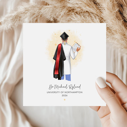 Personalised doctor graduation card featuring a graduate in scrubs and graduation gown from the back, customised with name, university, year, hair, skin tone and sash colour.