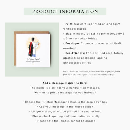 Personalised doctor graduation card featuring a graduate in scrubs and graduation gown from the back, customised with name, university, year, hair, skin tone and sash colour.