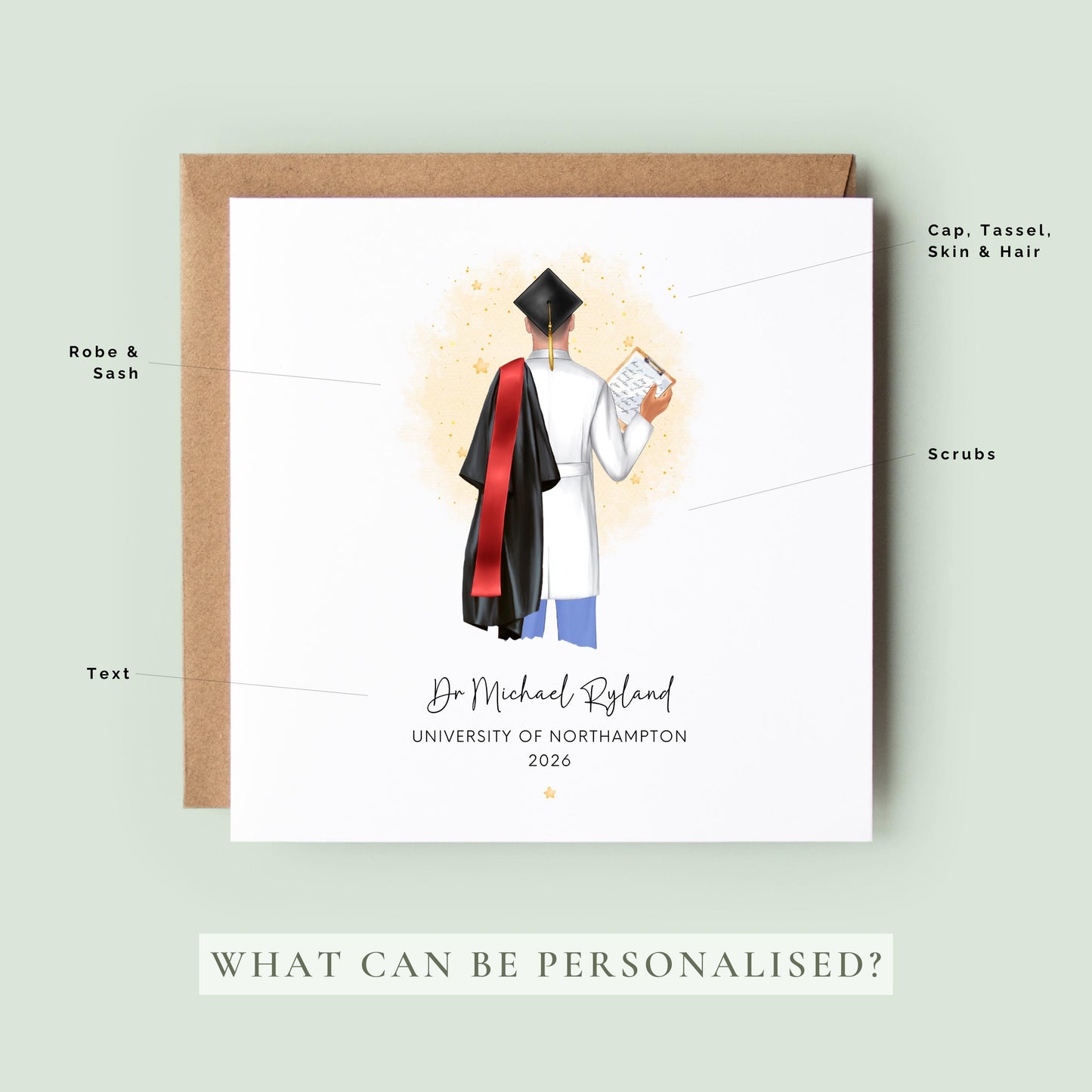 Personalised doctor graduation card featuring a graduate in scrubs and graduation gown from the back, customised with name, university, year, hair, skin tone and sash colour.