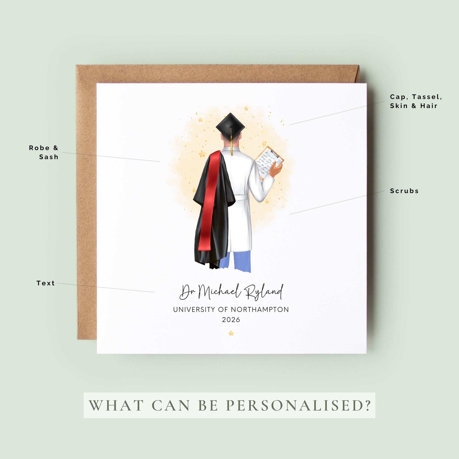 Personalised doctor graduation card featuring a graduate in scrubs and graduation gown from the back, customised with name, university, year, hair, skin tone and sash colour.