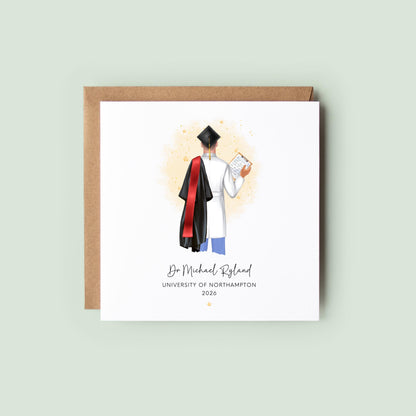 Personalised doctor graduation card featuring a graduate in scrubs and graduation gown from the back, customised with name, university, year, hair, skin tone and sash colour.
